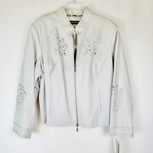 NWT Pamela McCoy Leather Jacket Womens 2X Embellished Trim Floral Cut Out